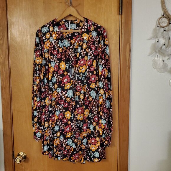 Free People Daisy Jane Mini Dress Tunic Top Black Floral Combo XS Oversized - Picture 5 of 8